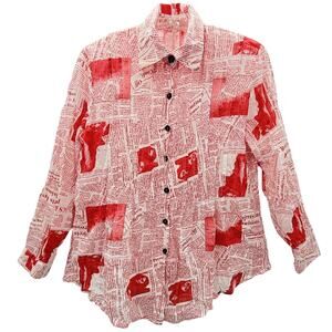 Red White Newsprint Blouse Vintage Editorial Statement Shirt Bold Graphic‎